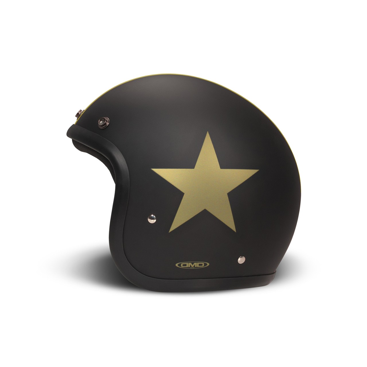 Casco jet DMD Retro, nero, opaco, Star Gold, in fibra di vetro, ECE 22.06
