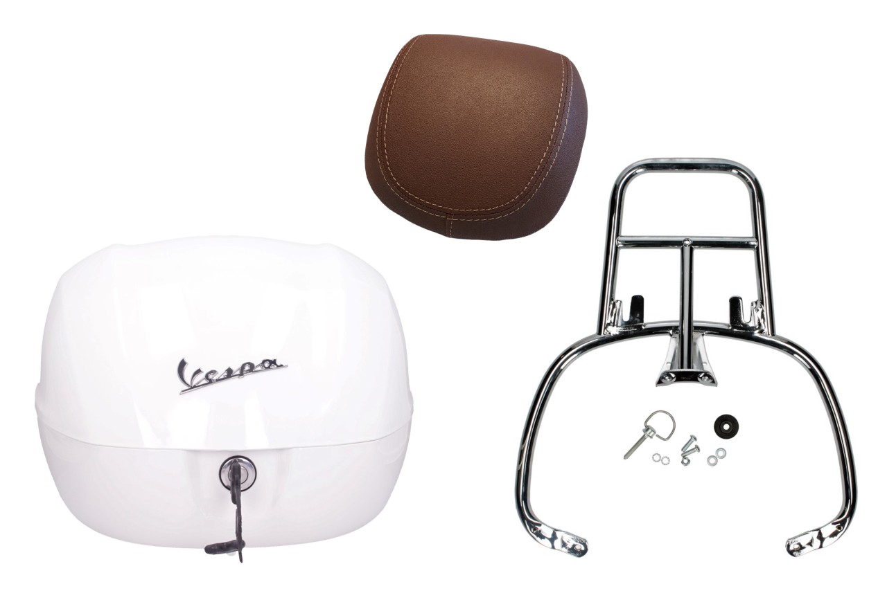 Kit bauletto 32L bianco montebianco (BR/544), cuscino schienale marrone scuro per PIaggio Medley 125 (24-)