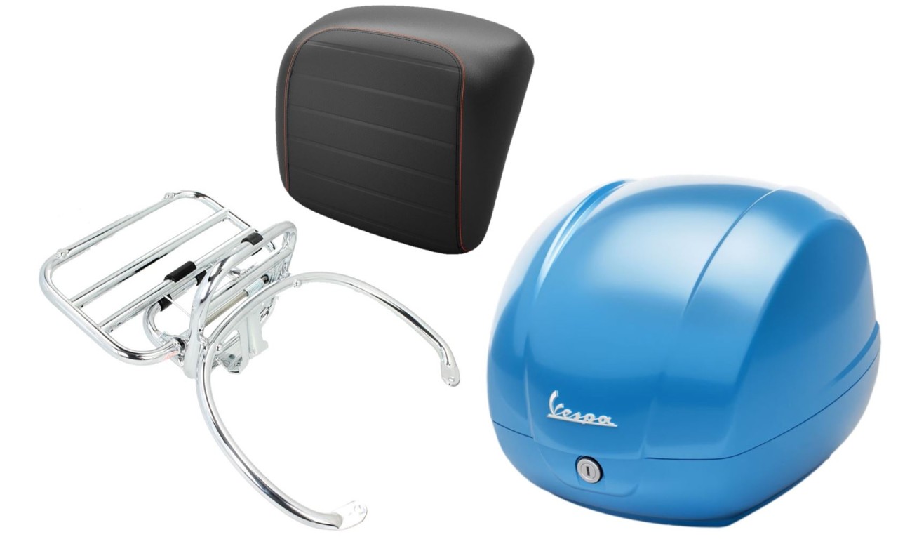 Kit bauletto 36L azzurro (A19), portapacchi cromato per Vespa GTS 125/300/310