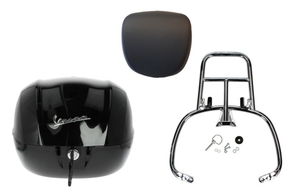 Kit bauletto 32L nero cosmo (98/A), cuscino posteriore nero per Vespa Sprint / Primavera