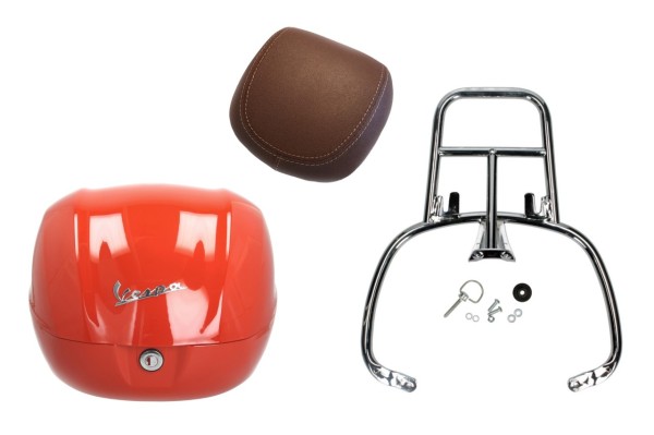 Kit bauletto 32L arancione impulsivo (A11), cuscino posteriore marrone scuro, portapacchi cromato per Primavera