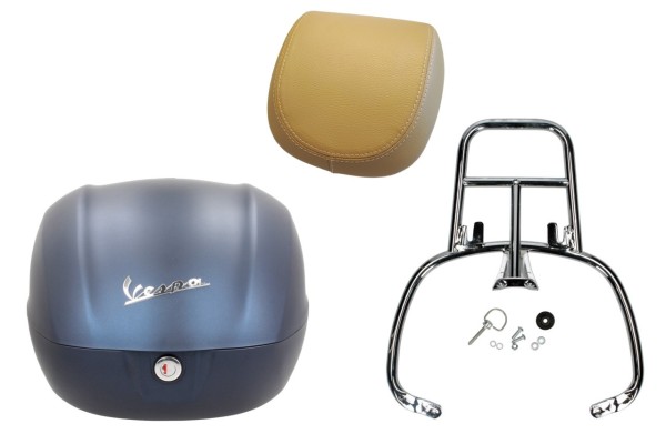 Kit bauletto 32L blu opaco (282/A), cuscino posteriore beige per Vespa Primavera