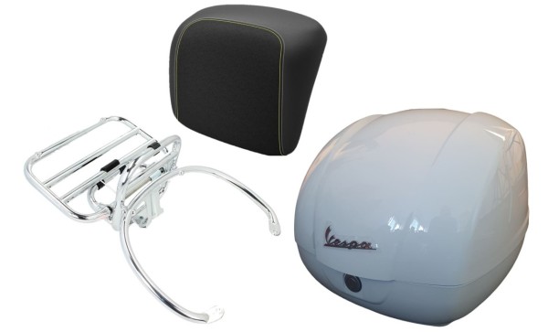 Kit bauletto 36L bianco (B04), portapacchi cromato, cuscino posteriore nero con cuciture gialle per Vespa GTS