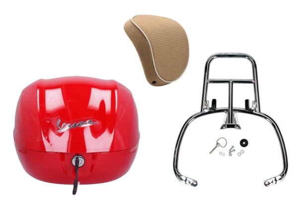 Kit bauletto 32L red dragon (894), cuscino posteriore marrone per Vespa Sprint / Primavera
