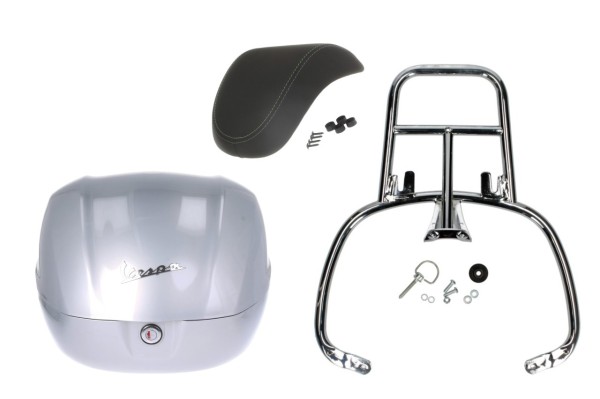 Kit bauletto 32L grigio (G41), cuscino posteriore nero per Vespa Primavera