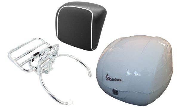 Kit bauletto 36L bianco (B04), portapacchi cromato, cuscino posteriore nero, profili bianchi per Vespa GTS