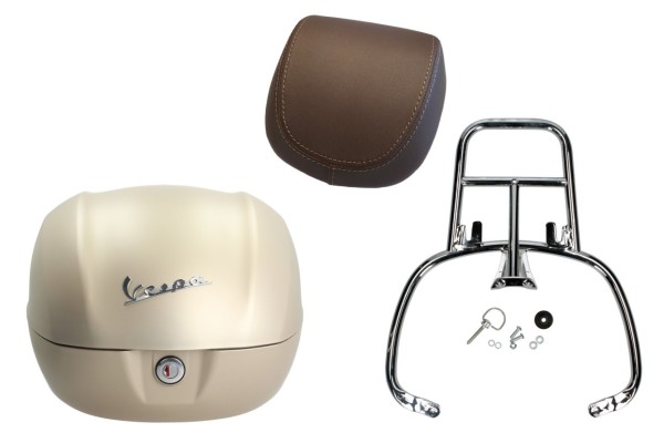 Kit bauletto 32L beige unico opaco, cuscino posteriore marrone, portapacchi cromato per Primavera