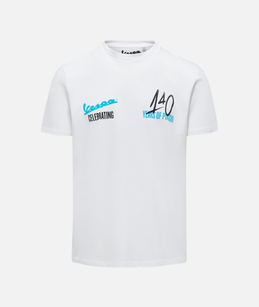 Maglietta Vespa "140 anni Piaggio" bianco blu