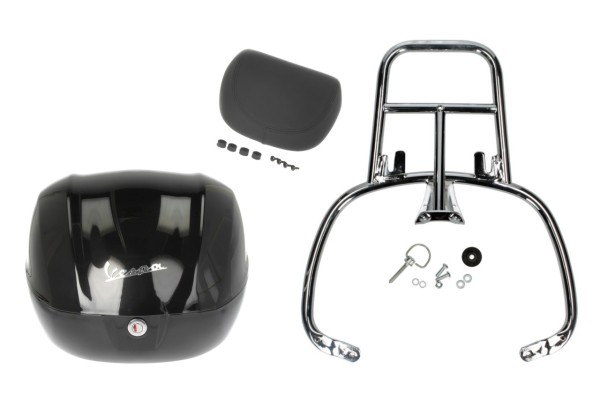 Kit bauletto 32L nero cosmo (98/A), cuscino posteriore nero per Vespa Primavera
